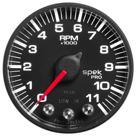 Autometer Spek-Pro Gauge Tach 2 1/16in 11K Rpm W/ Shift Light & Peak Mem - Blk/Blk - P336328