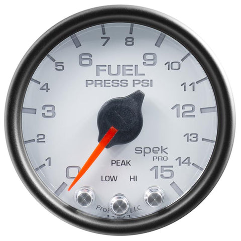 Autometer Spek-Pro Gauge Fuel Press 2 1/16in 15psi Stepper Motor W/Peak & Warn Wht/Blk - P31512