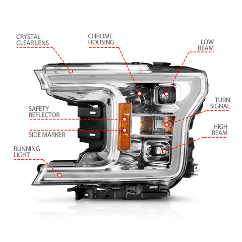 ANZO 18-19 Ford F-150 Projector Headlights w/Plank Style Switchback Chrome w/Amber - 111399
