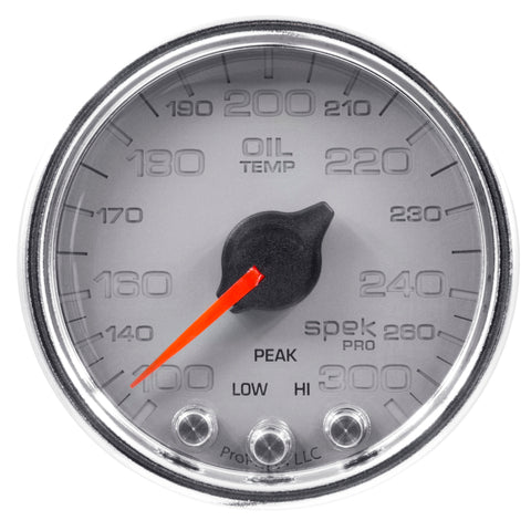 Autometer Spek-Pro Gauge Oil Temp 2 1/16in 300f Stepper Motor W/Peak & Warn Slvr/Chrm - P32221