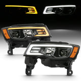 ANZO 2017-2018 Jeep Grand Cherokee Projector Headlights w/ Plank Style Switchback - Black w/ Amber - 111418