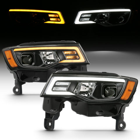 ANZO 2017-2018 Jeep Grand Cherokee Projector Headlights w/ Plank Style Switchback - Black w/ Amber - 111418