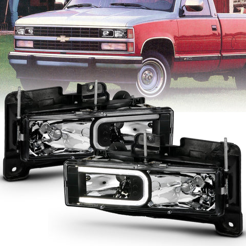 ANZO 1999-2000 Cadillac Escalade Crystal Headlights Light Bar Black Housing (Pair) - 111498