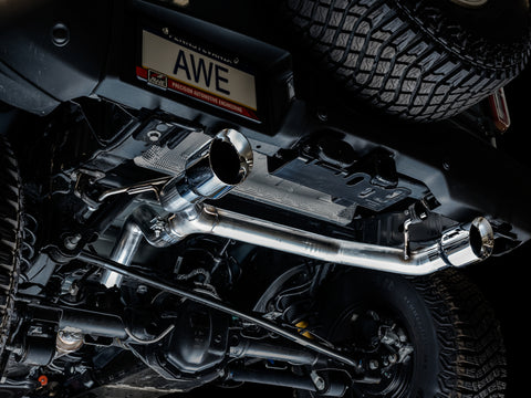 AWE Tuning 2021+ Ford Bronco 0FG Dual Rear Exit Exhaust w/Chrome Silver Tips & Bash Guard - 3015-32456