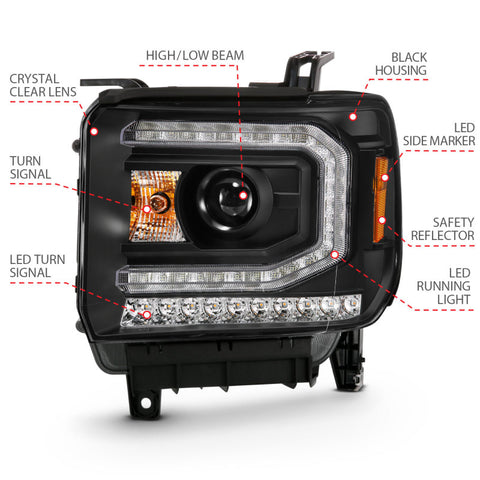 ANZO 2016-2019 GMC Sierra 1500 Projector Headlight Plank Style Black w/ Sequential Amber Signal - 111485