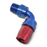 Russell Performance -10 AN Red/Blue 90 Deg Full Flow Swivel Pipe Thread Hose End (With 3/8in NPT) - 612190