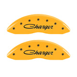 MGP 4 Caliper Covers Engraved Front & Rear Cursive/Charger Yellow finish black ch - 12181SCHSYL