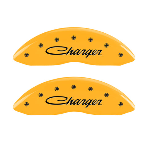 MGP 4 Caliper Covers Engraved Front & Rear Cursive/Charger Yellow finish black ch - 12181SCHSYL