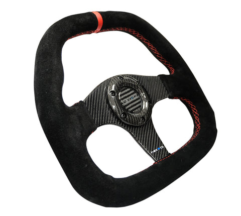 NRG Carbon Fiber Steering Wheel (320mm) Flat Btm. Blk Suede/Red Stitch w/CF Spokes & Red Center Mark - ST-019CF