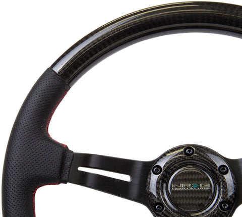 NRG Carbon Fiber Steering Wheel (350mm /1.5in. Deep) Leather Trim w/Red Stitch & Slit Cutout Spokes - ST-010CFRS