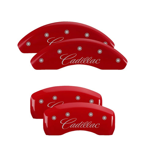 MGP 4 Caliper Covers Engraved Front & Rear Cursive/Cadillac Red finish silver ch - 35021SCADRD