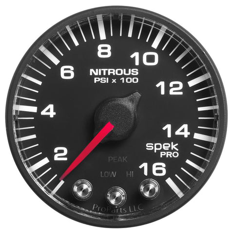 Autometer Spek-Pro Gauge Nitrous Press 2 1/16in 1600psi Stepper Motor W/Peak & Warn Blk/Blk - P320328