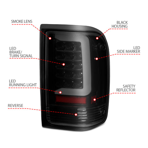 ANZO 1993-1997 Ford  Ranger LED Tail Lights w/ Light Bar Black Housing Smoked Lens - 311360