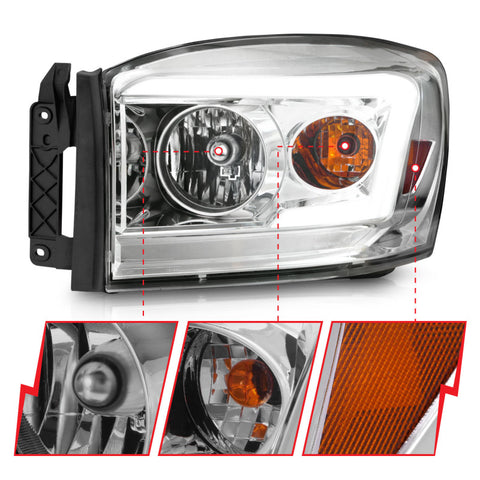 ANZO 06-09 Dodge RAM 1500/2500/3500 Headlights Chrome Housing/Clear Lens (w/ Light Bars) - 111525