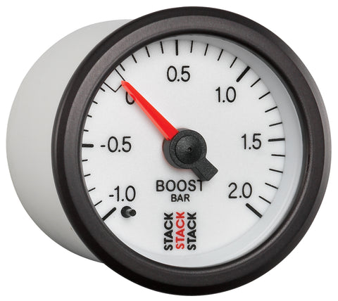 Autometer Stack 52mm -1 to +2 Bar T-Fitting 0.187in Barb (M) Mechanical Boost Pressure Gauge - White - ST3161