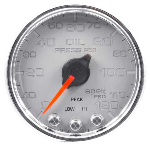 Autometer Spek-Pro Gauge Oil Press 2 1/16in 120psi Stepper Motor W/Peak & Warn Slvr/Chrm - P32521