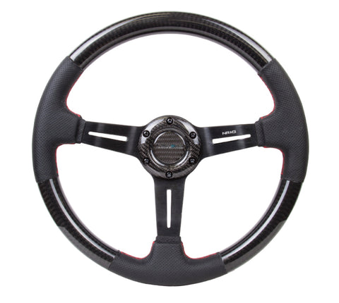 NRG Carbon Fiber Steering Wheel (350mm /1.5in. Deep) Leather Trim w/Red Stitch & Slit Cutout Spokes - ST-010CFRS