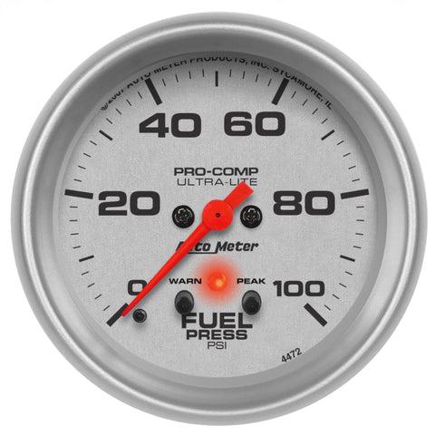 Autometer Ultra-Lite 2-5/8in Full Sweep Elec 0-100 PSI Fuel Pressure w/ Peak Memory & Warning Gauge - 4472