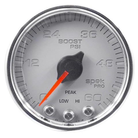 Autometer Spek-Pro Gauge Boost 2 1/16in 60psi Stepper Motor W/Peak & Warn Slvr/Chrm - P30421