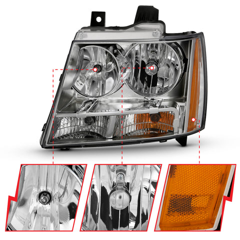 ANZO 2007-2014 Chevy Tahoe Crystal Headlight Chrome Amber(OE) - 111475
