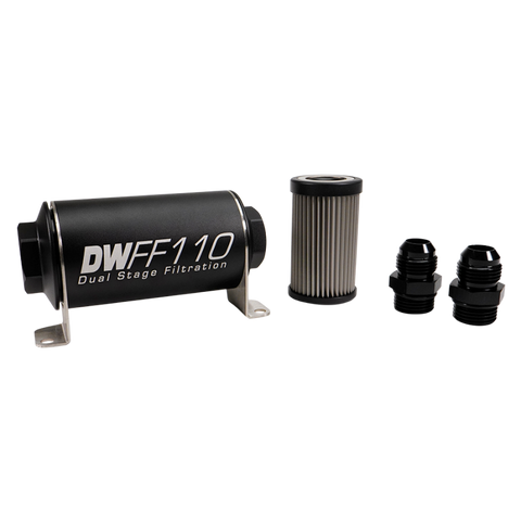 DeatschWerks Stainless Steel 10AN 100 Micron Universal Inline Fuel Filter Housing Kit (110mm) - 8-03-110-100K-10