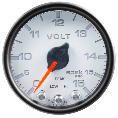 Autometer Spek-Pro Gauge Voltmeter 2 1/16in 16V Stepper Motor W/Peak & Warn Wht/Blk - P34412
