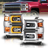 Anzo 14-15 Chevy Silverado 1500 Chrome Dual Switchback+Sequential LED Tube Sq. Projector Headlights - 111618