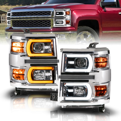 Anzo 14-15 Chevy Silverado 1500 Chrome Dual Switchback+Sequential LED Tube Sq. Projector Headlights - 111618