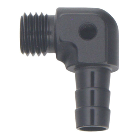 DeatschWerks Metric M12 to 3/8in Hose Barb 90-Degree Fitting w/ Venturi Port - Anodized Matte Black - 6-02-0650-B