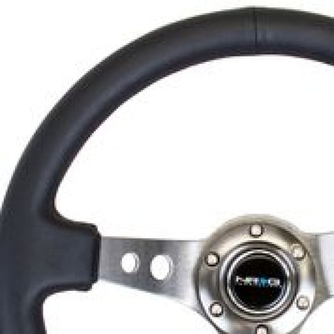 NRG Reinforced Steering Wheel (350mm / 3in. Deep) Blk Leather w/Gunmetal Circle Cutout Spokes - RST-006GM