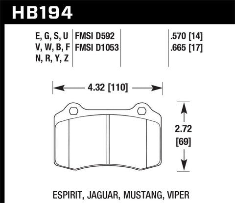 Hawk 00-02 Dodge Viper 8.0L ACR OE Inc. Clips Pins Front ER-1 Brake Pads - HB194D.665