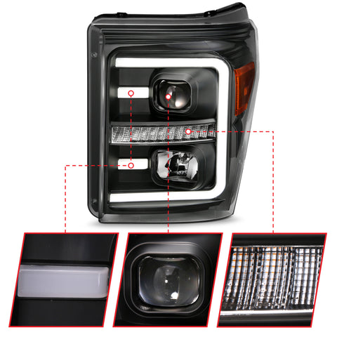 ANZO 2011-2016 Ford F250 Projector Headlights w/ Plank Style Switchback Black w/ Amber - 111406