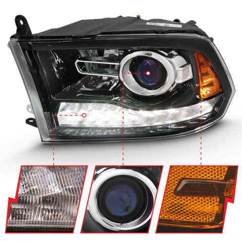 ANZO 2009-2018 Dodge Ram 1500 Projector Plank Style Switchback H.L Halo Black Amber (OE Style) - 111439