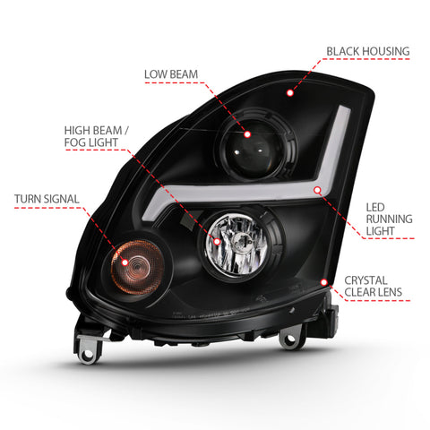 ANZO 2003-2007 Infiniti G35 Projector Headlight Plank Style Black (HID Compatible, No HID Kit ) - 121557