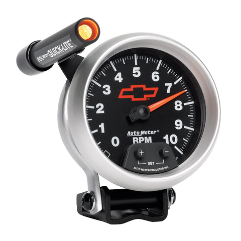 Autometer GM Red Bowtie Black 3-3/4in 0-10000 RPM Pedestal Mount Tachometer Quick-Lite - 3690-00406