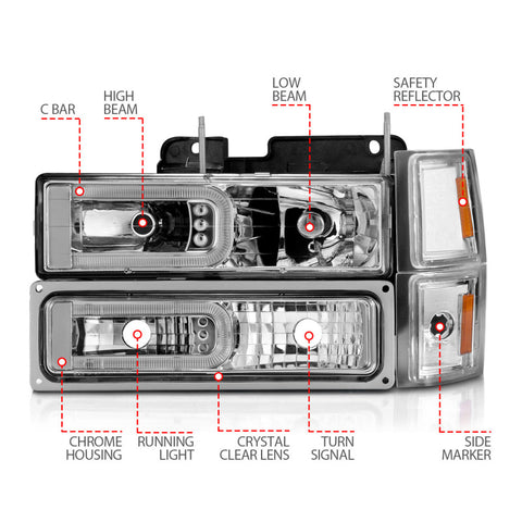 ANZO 88-98 Chevrolet C1500 Crystal Headlights w/Light Bar Chrome Housing w/ Signal Side Markers 8Pcs - 111529