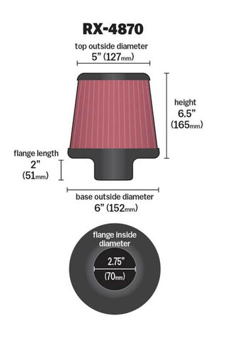 K&N Filter Universal X Stream Clamp-On 2 3/4 inch Flange 6 inch Base  5 inch Top 6 1/2 inch Height - RX-4870