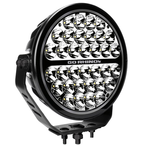 Go Rhino Xplor Blackout Series Round LED Sgl Driving Kit w/DRL (Surface/Thread Stud Mnt) 9in. - Blk - 751700911DRS
