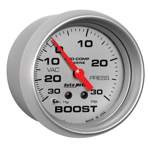 AutoMeter Marine Vac/Boost Gauge 2 5/8in 30INHG 30PSI Mechanical- Silver - 200775-33