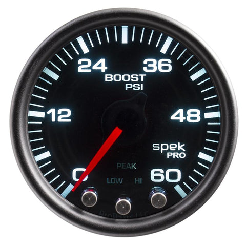 Autometer Spek-Pro Gauge Boost 2 1/16in 60psi Stepper Motor W/Peak & Warn Blk/Smoke/Black - P30452