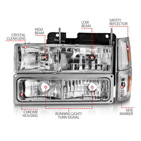 ANZO 88-98 Chevrolet C1500 Crystal Headlights Chrome w/ Signal and Side Marker Lights - 111506
