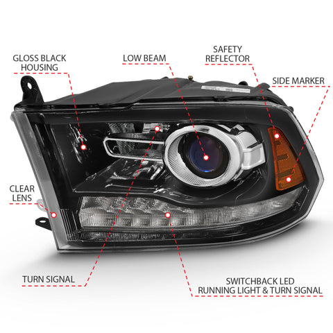ANZO 2009-2018 Dodge Ram 1500 Projector Plank Style Switchback H.L Halo Black Amber (OE Style) - 111439