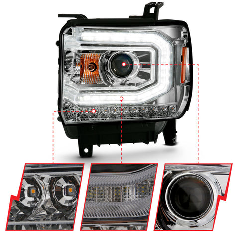 ANZO 2016-2019 Gmc Sierra 1500 Projector Headlight Plank Style Chrome w/ Sequential Amber Signal - 111486