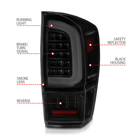 ANZO 16-21 Toyota Tacoma LED Tail Lights - w/ Light Bar Sequential Black Housing & Smoke Lens - 311401