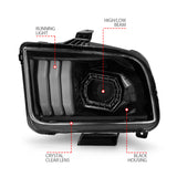 ANZO 05-09 Ford Mustang (w/Factory Halogen HL Only) Projector Headlights w/Light Bar Black Housing - 121566