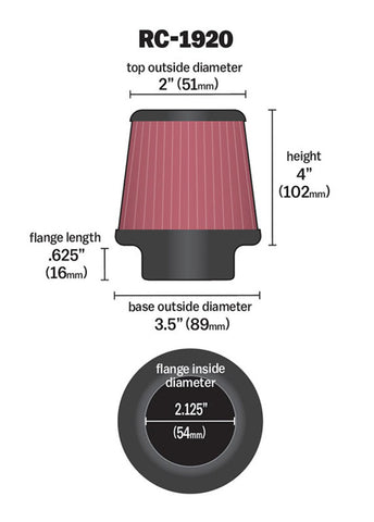 K&N Universal Clamp-On Air Filter 2-1/8in Flange 3-1/2in Base 2in Top 4in Height - RC-1920