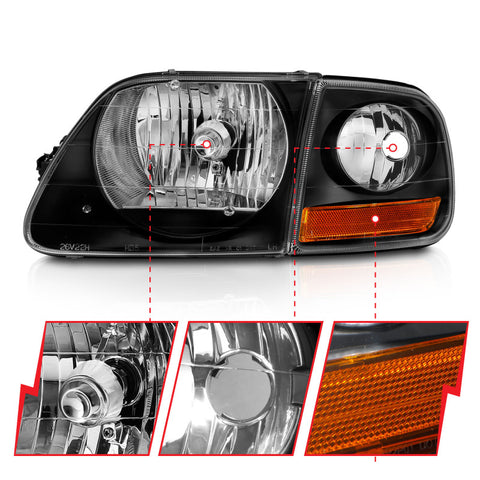 ANZO 1997-2003 Ford F150 Crystal Headlight Black w/ Parking Light - 111460
