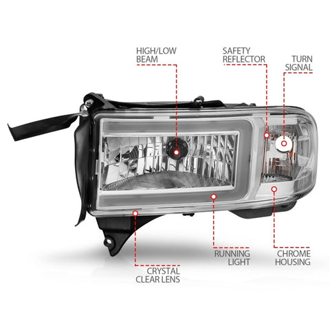 ANZO 94-02 Dodge RAM Crystal Headlight - w/ Light Bar Chrome Housing - 111555