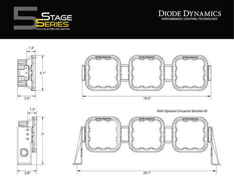 Diode Dynamics SS5 Pro Universal CrossLink 3-Pod Lightbar - White Combo - DD7238