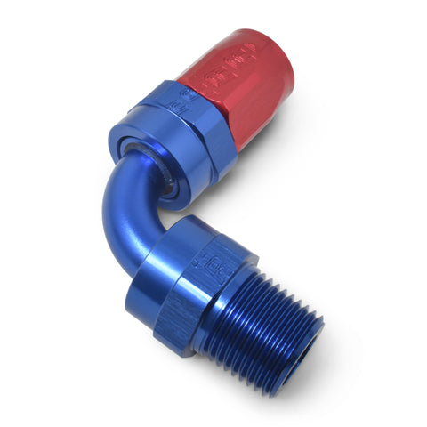 Russell Performance -10 AN Red/Blue 90 Deg Full Flow Swivel Pipe Thread Hose End (With 1/2in NPT) - 612120